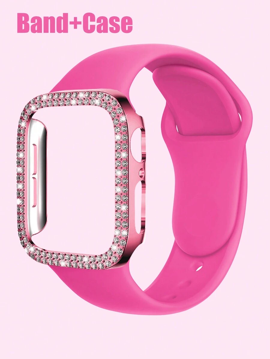 Compatible With Apple Watch Band And Case Combination Set Women's Fashion Sports Soft And Comfortable Metal Buckle Silicone Band + Anti-Drop, Anti-Scratch Shiny Double Row Diamond Hard PC Case Compatible With Apple Watch 38/40/41/42/44/45/46/49MM Band And Cases Compatible With Apple Watch Series Ultra/10/9/8/7/6/5/4//3/SE Replacement Band Case Set