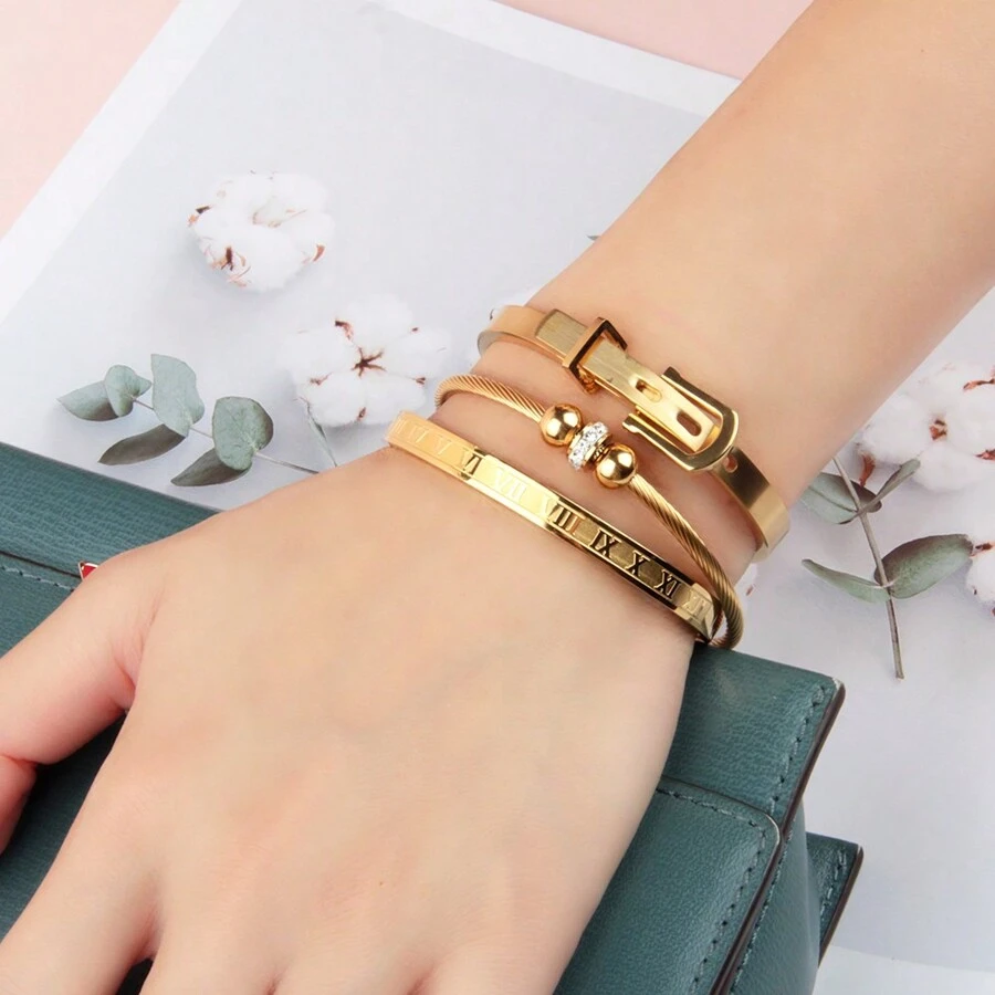 3pcs/Set Business & Casual Party Gift Accessory Bracelet, Mixed Square, Round Bead, Roman Numeral Stainless Steel Couple Jewelry
