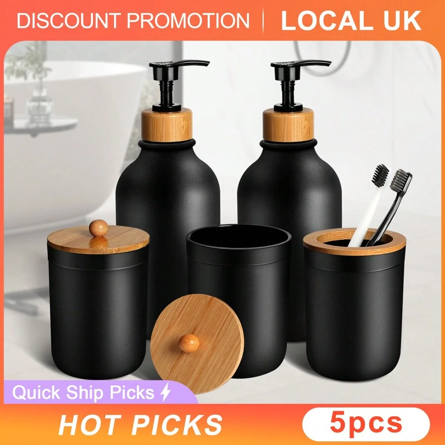 5 Pcs Black Bathroom Accessories Set With Plastic Soap Dispenser And Toothbrush Holder Set, Qtip & Cotton Ball Holder, Black Bathroom Set, Boho Bathroom Decor Bathroom Organizer Storage Back To School