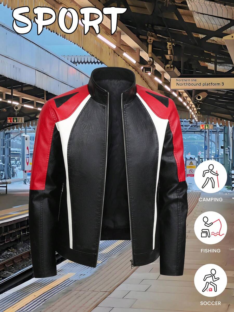 Stylish Stand Collar Men's Leather Jacket For Racing Motorcycle Outfit, New American Biker Gear