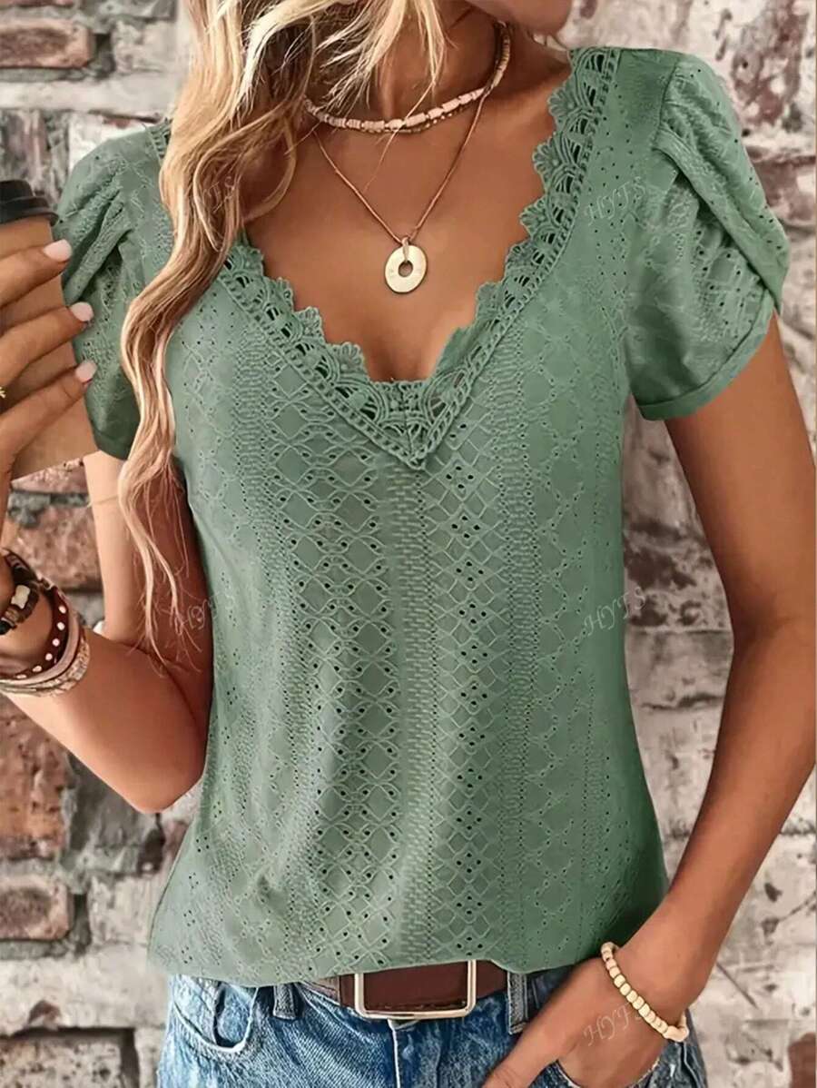 Vrouwen effen kleur contrast kant V-hals flounce korte mouw casual top