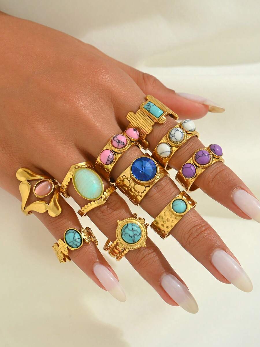 10pcs Vintage Metal Stainless Steel 18K Gold Plated Assorted Round, Square, Oval, Plain & Gemstone Decor Open Finger Rings For Women, Suitable For Daily Wear With Various Styles, Gift For Ramadan, Festivals