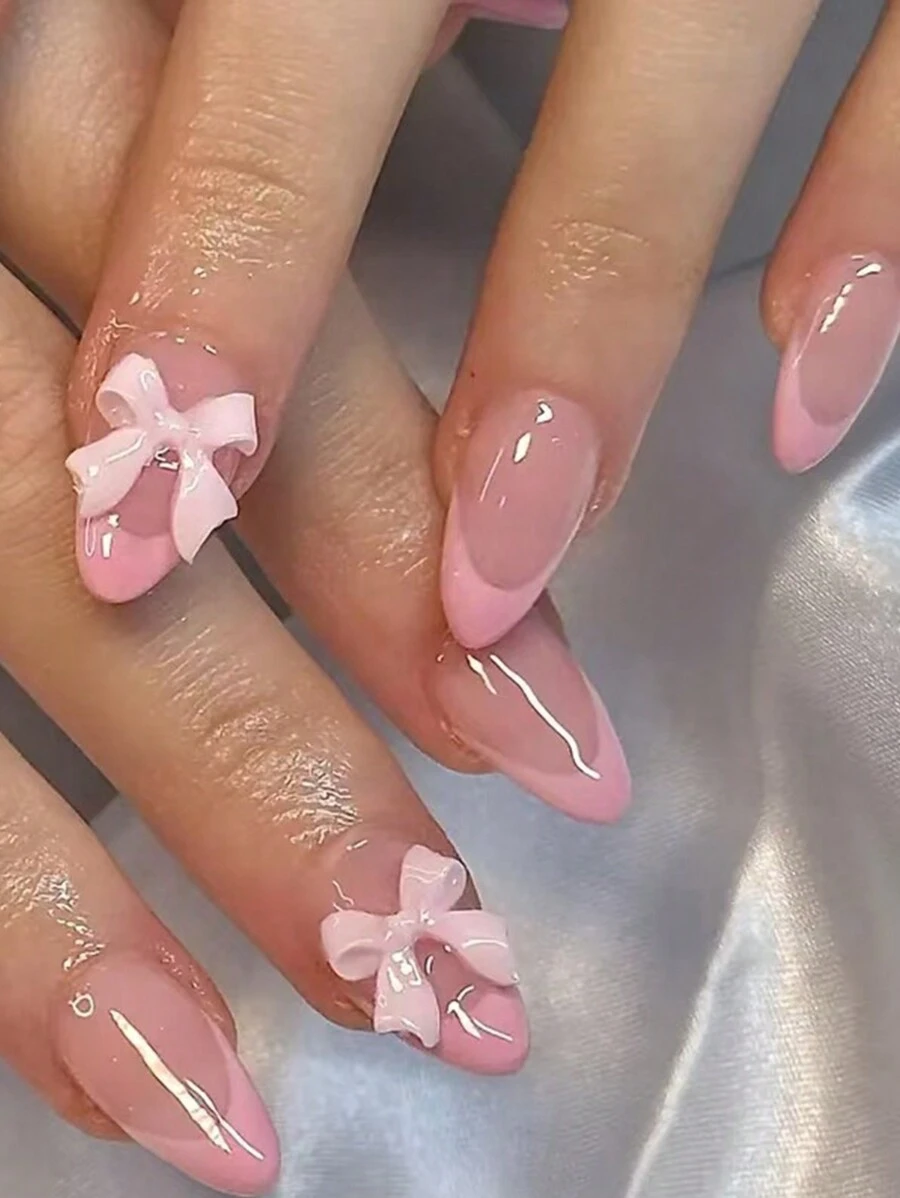 Short Almond French Tip Fake Nails Nude Full Cover Pink Bow Charm Fake Nails Design Gloss Nails Petite Cute Acrylic Nails Fake Nails 24 Pieces Press On Nails
