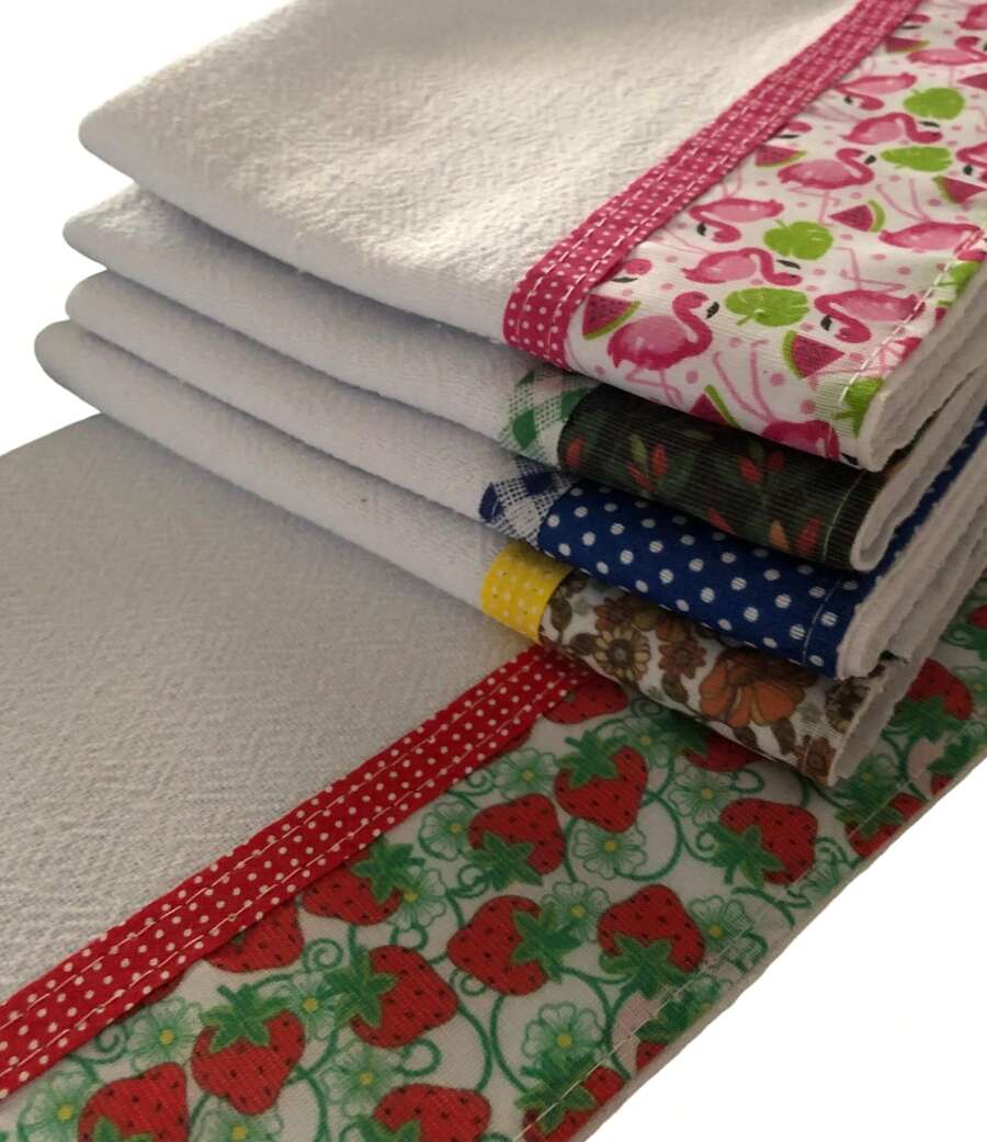 PANOS DE PRATO PÉ DE GALINHA COM BARRADO DE TECIDO KIT COM 5-PREMIUM ESTAMPADOS COM VIÉS COLORIDO