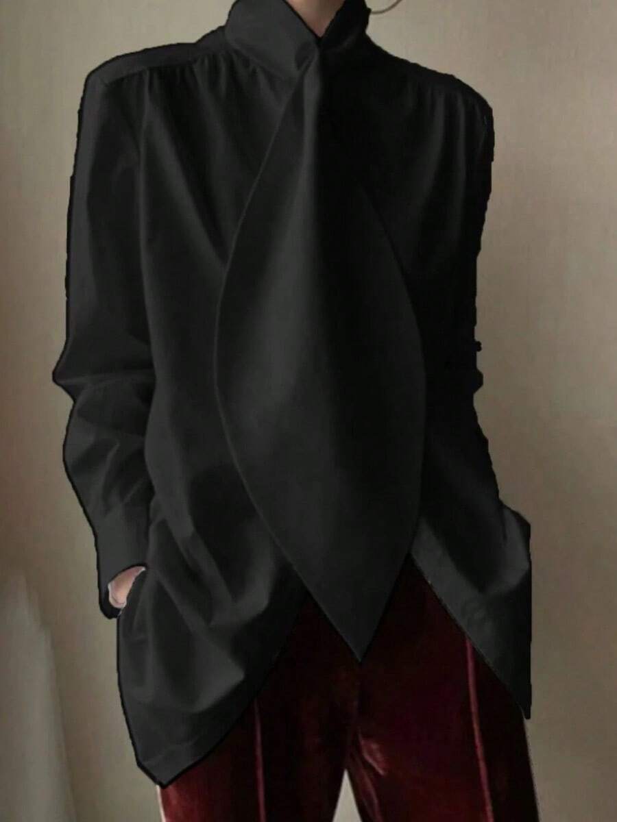Solid Color Loose Long Sleeves High-Neck Blouses & Shirts Tops