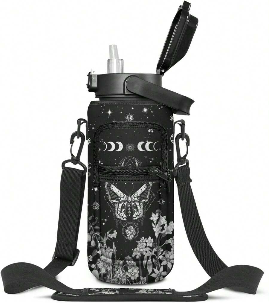 Xidingyue Goth Moon Half Gallon Water Bottle With Sleeve - Flip Top Water Bottle 64 OZ - With Time Marker Leakproof Water Jug - Motivational Water Bottle For Halloween Spooky Gifts For Women