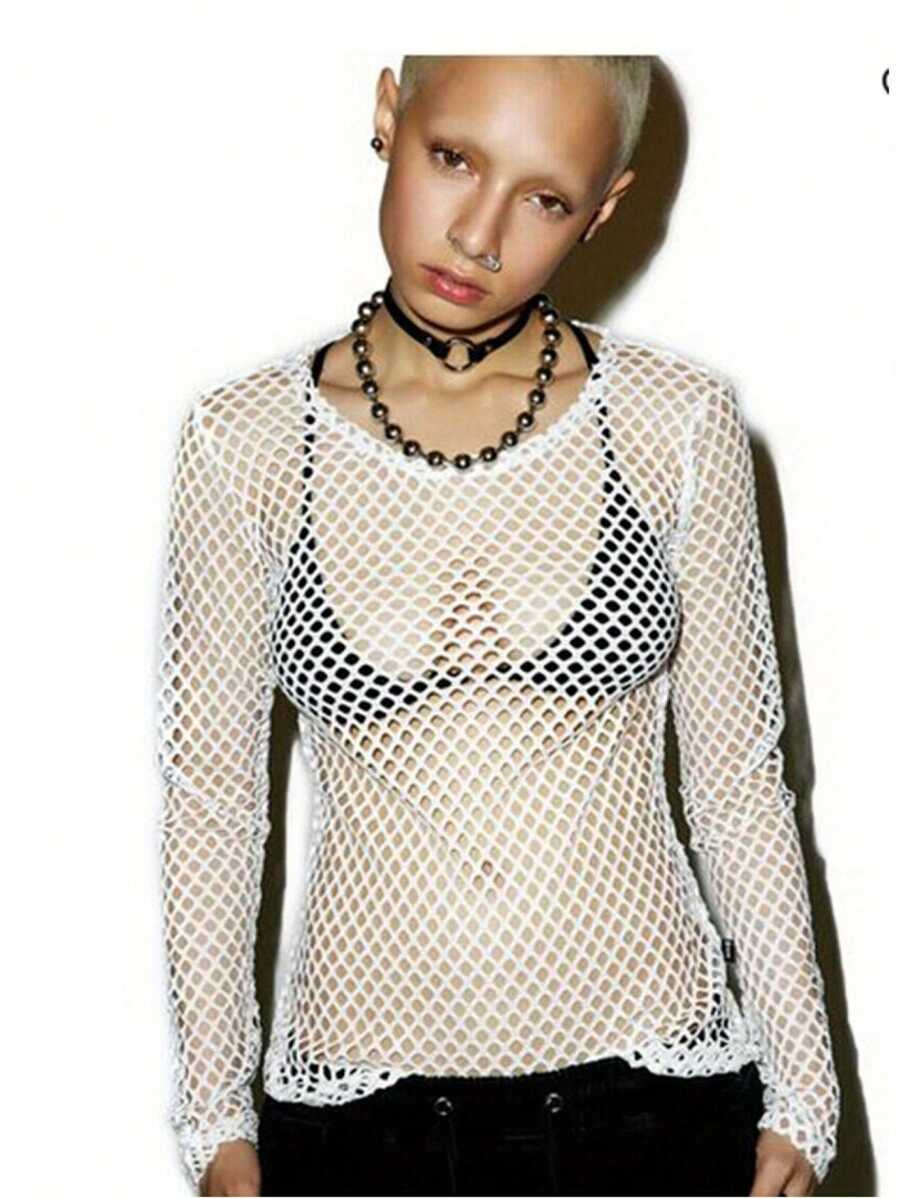 Ladies Fashion Mesh Top Long Sleeve Round Neck Stretch Casual Solid Color Sexy T Shirt Blouse