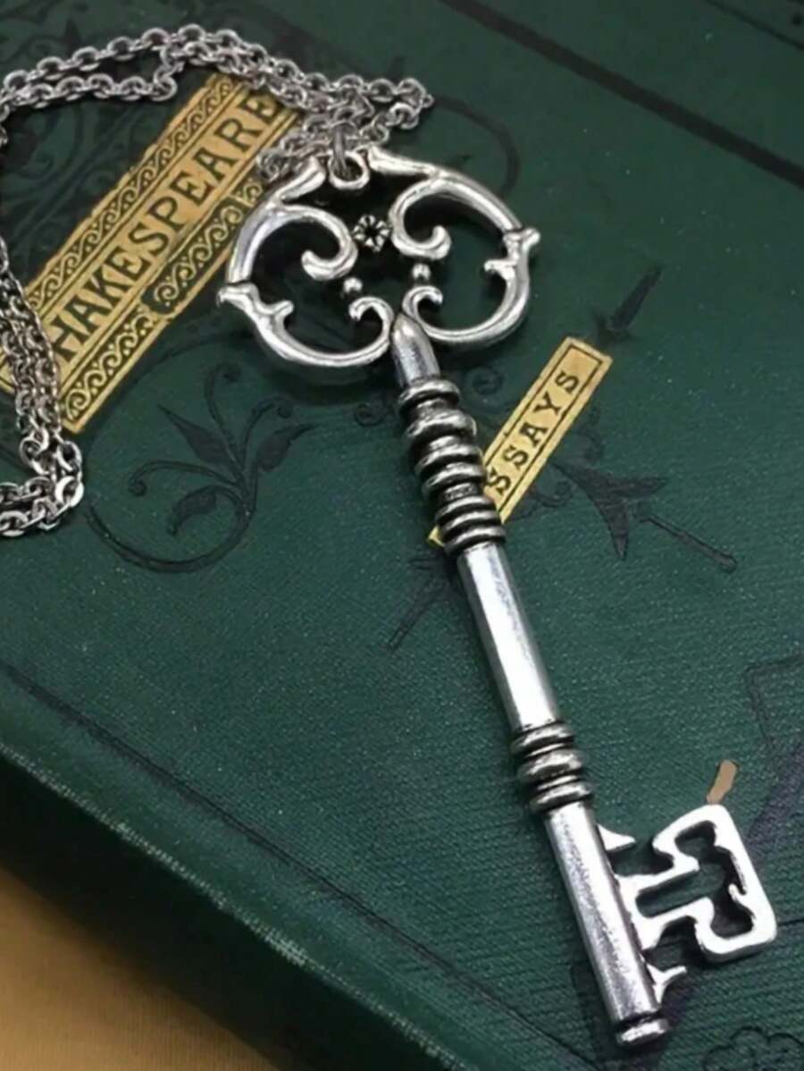 1 pieza Colgante de llave mágica misterio gótico, collar de joyería de brujería vintage de bronce plateado como regalo para hombres