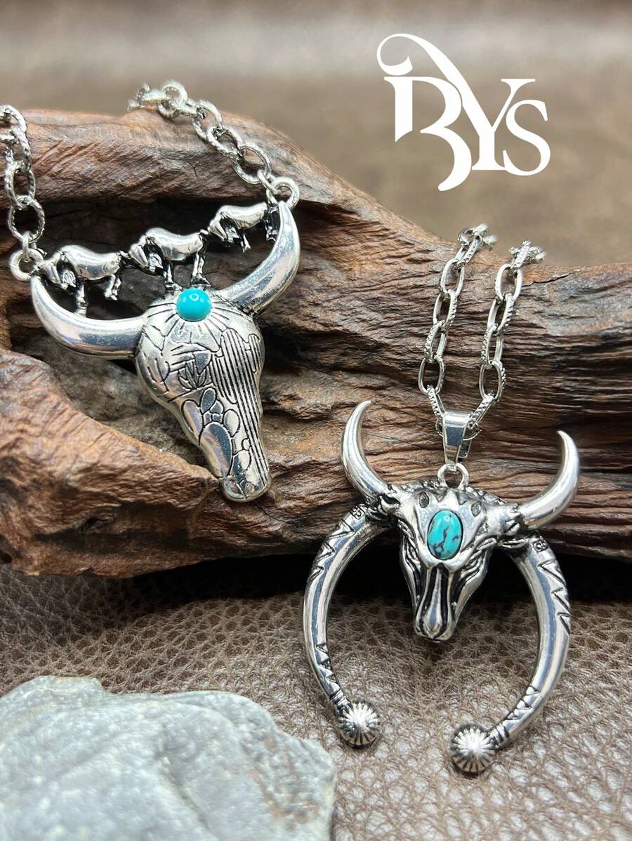 1pc Fashion Retro Western Style Metal Chain/Turquoise Pendant Necklace, Suitable For Women, Girls, Men, Boys To Match Daily Outfit, Party Accessories, Jewelry, Gift For Family/Friends/Yourself