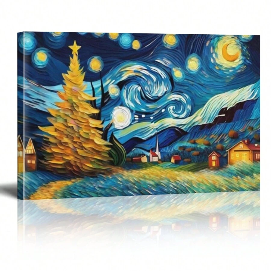 1 Piece Framed Vintage Abstract Style Starry Sky Countryside Landscape Oil Painting Poster Print, Suitable For Contemporary Living Room Bathroom Bedroom Hotel Apartment Villa Gallery Children's Room Nursery Nursery Entrance Porch Kitchen Dining Room Classroom Home Office Wall Decoration Ready To Hang