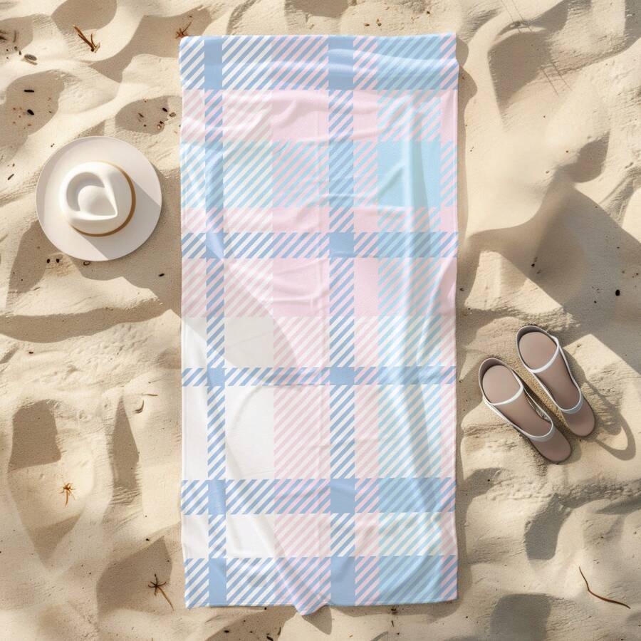 1 Blue And Pink Retro Classic Plaid Beach Towel, Personalized Portable And Fashionable Beach Towel, Quick-Drying Polyester Mixed Material, Soft And Skin-Friendly, Anti-Sand And Water-Absorbent, Universal Holiday Style Suitable For Swimming Pools, Travel, Yoga And Swimming Training, Multiple Sizes Available, Great Gift Summer,Holiday