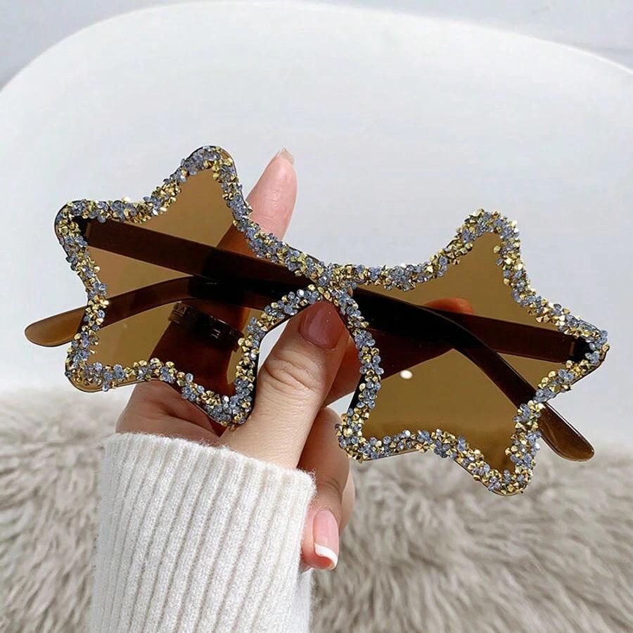 1 Pc Y2K Vintage Style Dopamine Fashion Glasses With Stars Design, Handmade Rhinestone Decoration, Frameless, Unique And Fashionable, Ideal For Wedding, Beach Party, Dance Party And Outdoor Activities Shades Beach Accessories Halloween Beach Accessories For Women Glasses Shades Basics Fall Winter Women Outfits Clothes Business Casual Gifts