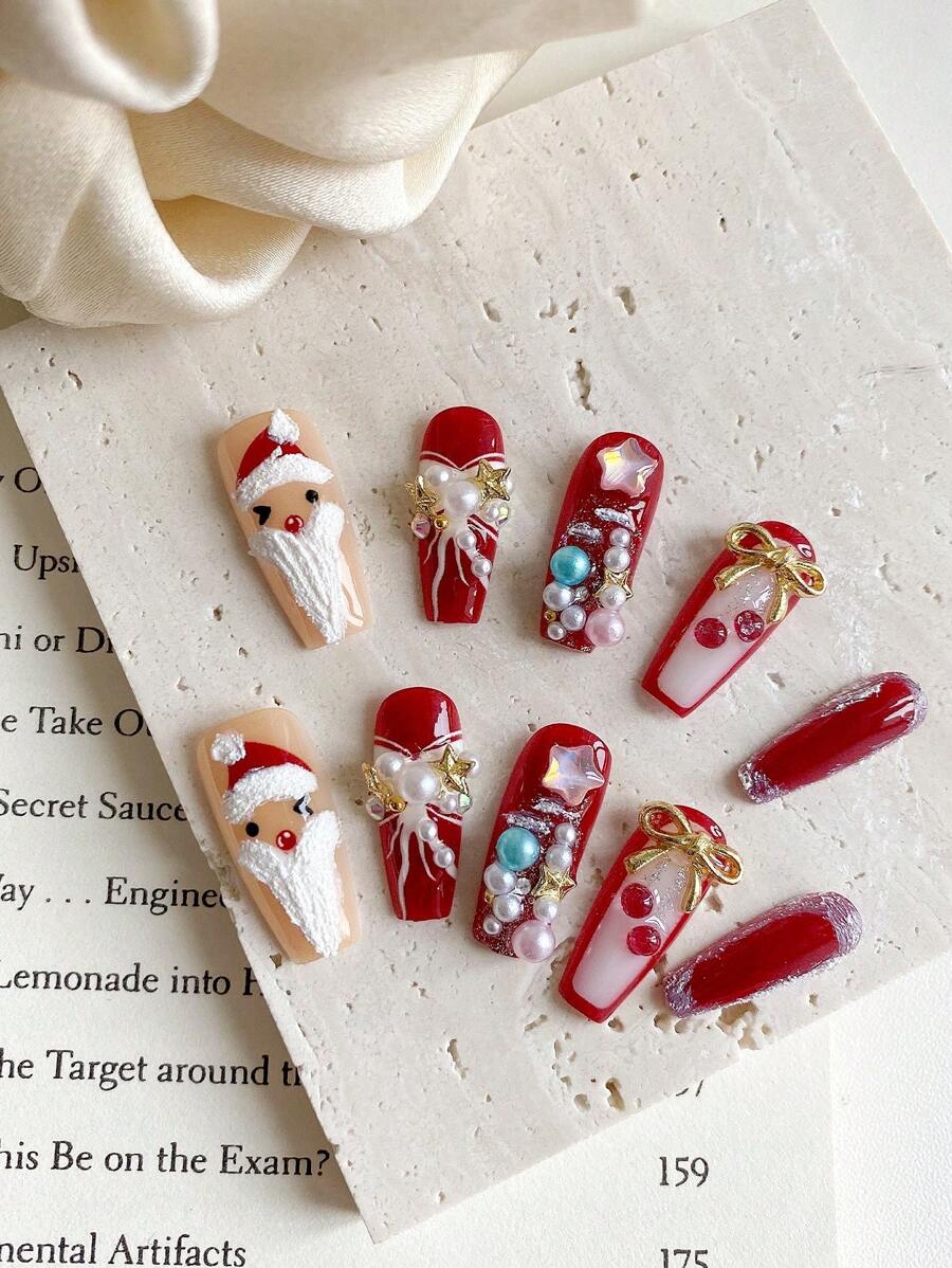 10 Long Coffin Press-On Nails Christmas Theme Nail Art Gold Bow And Cherry Accessories Christmas Tree Santa's Christmas Candy Graphic Design Handmade Nail Nail Nails Are Removed And Reused, Suitable For Ladies, Girls On Stage, Dance, Party Scenes, Girls 1 Slice Of Fruity Jelly Gel