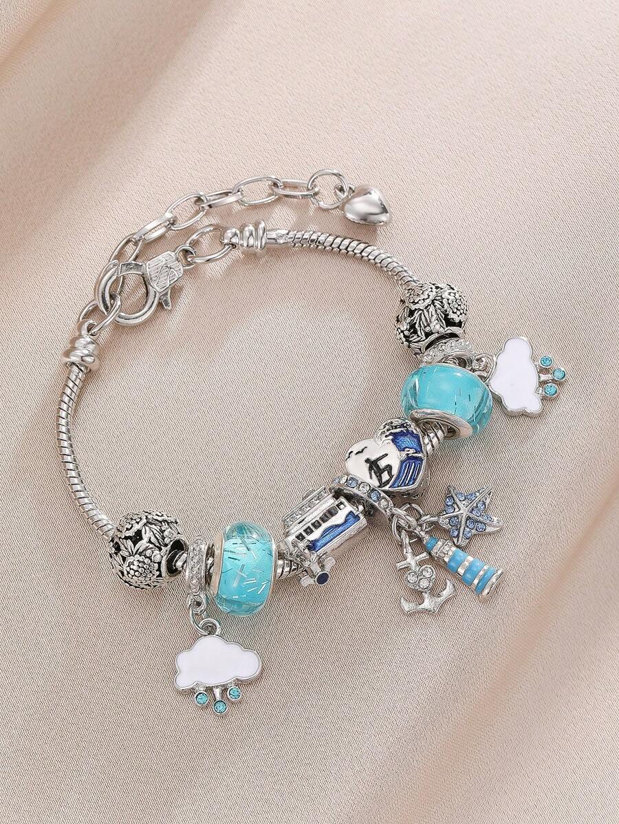 1 pièce Bracelet de perles pour femmes, série océan design étoile de mer bleue et coquillage bateau