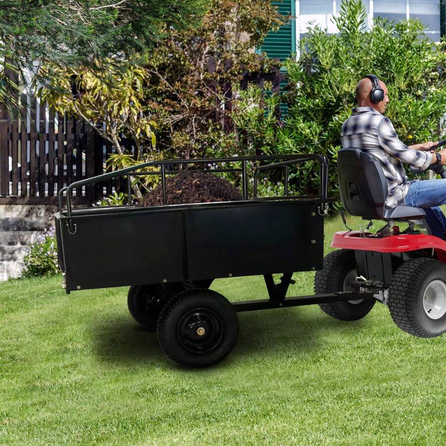Studyset 750 Lbs Heavy-Duty Steel Dump Cart - 15 Cubic Feet Garden Utility Trailer With Removable Sides, Hand-Pull Or Foot Pedal Dumping For ATVs, UTVs, Lawn Mowers, And Tractors