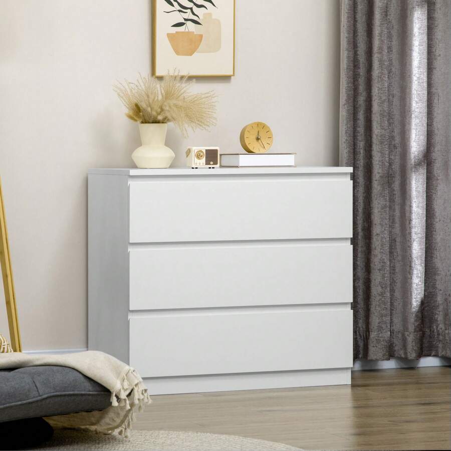 HOMCOM Commode 3 tiroirs commode chambre meuble de rangement épuré style moderne pour chambre à coucher, salon - 80 x 39 x 73 cm, blanc