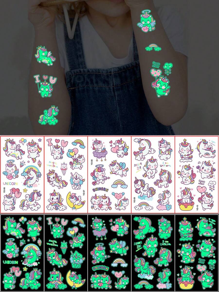 5 Blatt leuchtende Temporäre Tattoo Aufkleber im Dunkeln für Kinder, wasserfeste Einhorn Cartoon Design Tattoo Aufkleber für Kinder, leuchtende Fake Tattoos für Hand und Körper-Make-up, gut geeignet für Geburtstagsparty
