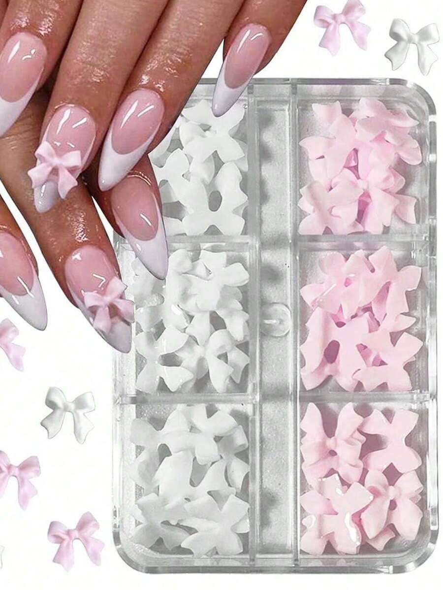30 PEÇAS Encantos de Unhas em Laço 3D, Laços Rosas e Brancos para Unhas, Encantos de Unhas para Unhas Acrílicas, Suprimentos de Arte de Unhas, Joias de Unhas DIY, Acessórios de Unhas para Decoração de Unhas DIY, Design de Unhas com Gemas