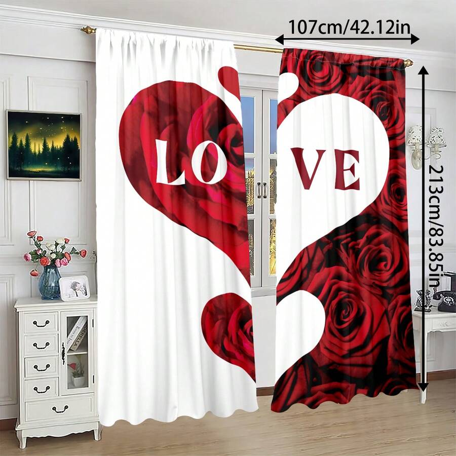 2 Stücke/Set Valentinstag Herzmuster Vorhänge, halbtransparenter Polyesterstoff Vorhang, geeignet für Schlafzimmer und Wohnzimmer Dekoration, Heimdekoration (Vorhangstange nicht enthalten)