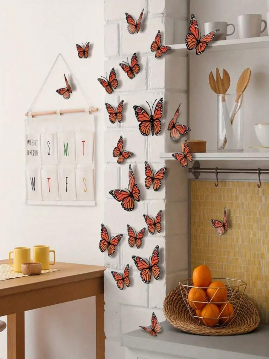 12pcs 3D Monarch Butterfly Wall Stickers - PVC Plastic Butterfly, Suitable For Home And Party Decoration, Perfect For Wedding, Birthday, Graduation Ceremony And Patriotic Celebration, Holiday Holiday Decorations Without Electricity