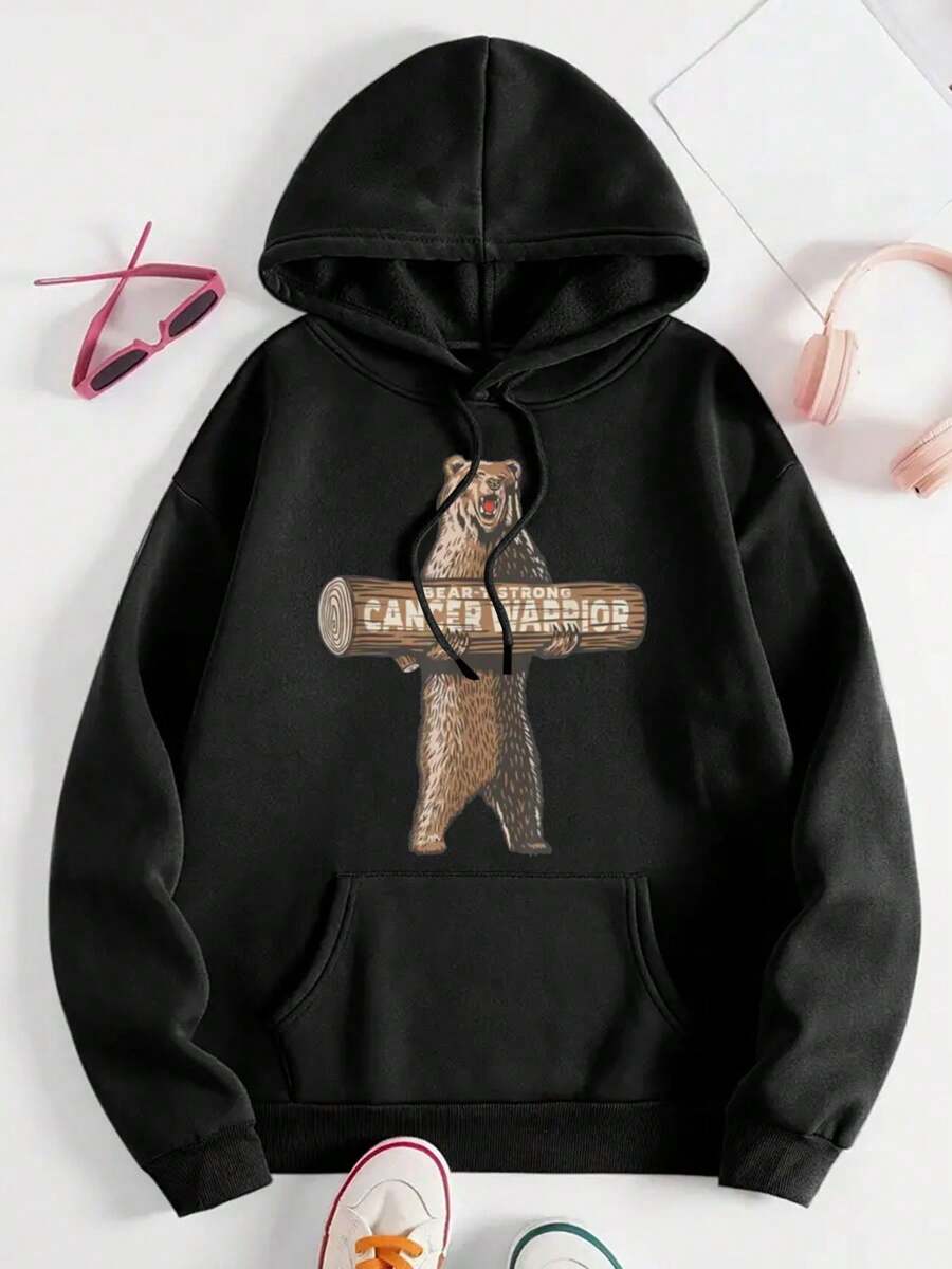 Brown Bear Print Hoodie Fashion Drawstring Hoodie Casual Four Seasons Hoodie Clothing Machine Washable Women's Hoodie