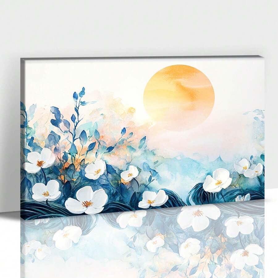 GUTTATY BUTURCAR Flower Canvas Wall Art Decor, Spring Wildflower Print Painting For Room Bathroom Wall Decoration, Modern Nature Flower Landscape Picture, Framed Blue&White Floral Artwork Poster 12x18 Inches