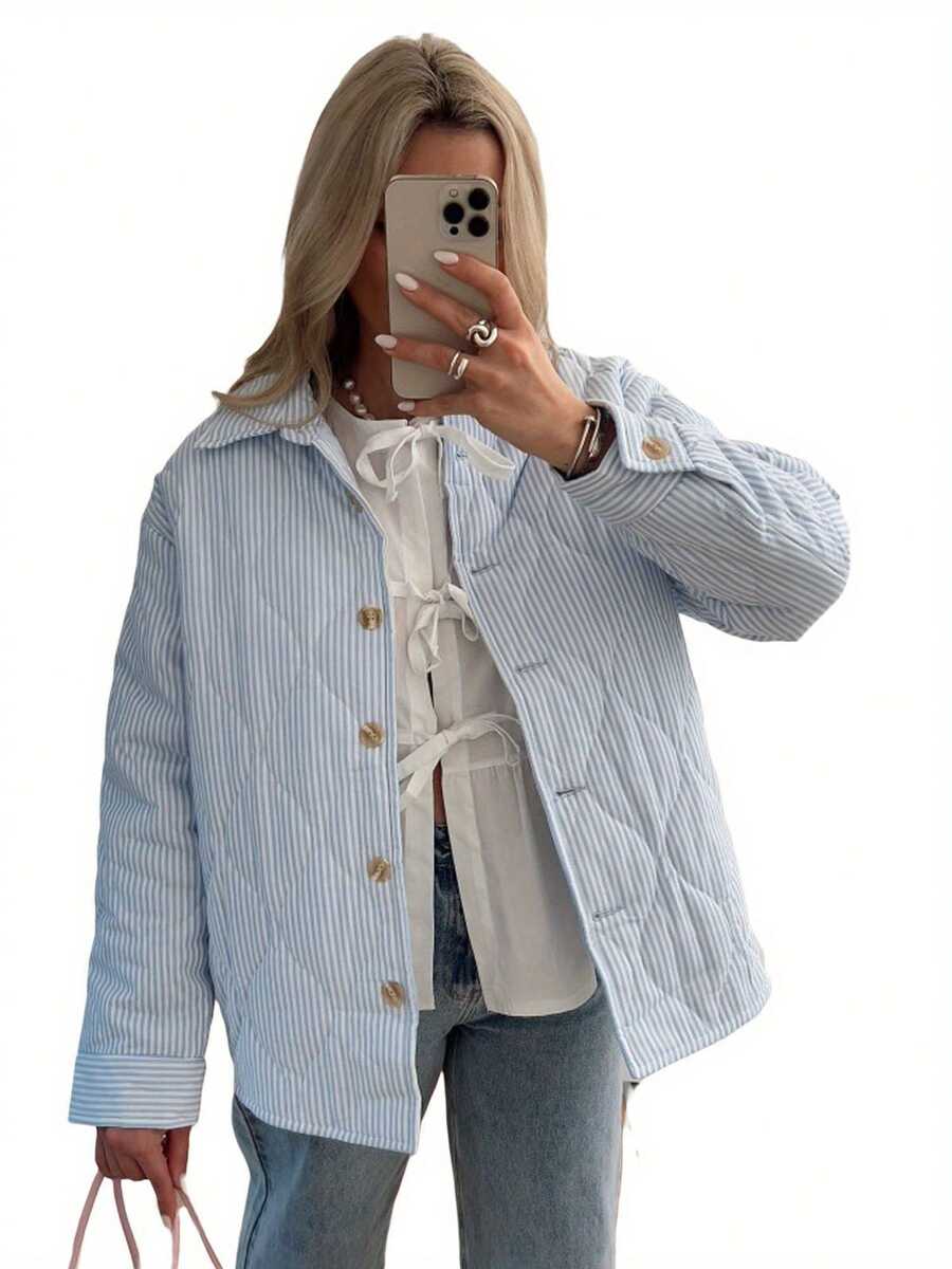 Women's Puffer Jacket Stripe Turn-Down Collar Buttons Quilted Coat Fall Winter Long Sleeve Padded Jacket Outerwear