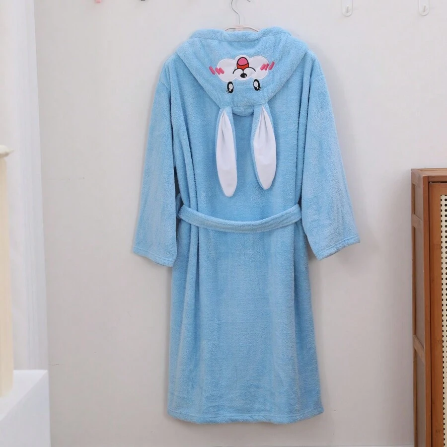 1 pieza Bata con capucha con orejas de conejo de felpa coral, ropa de estar en casa suave, absorbente y cálida para el baño, la piscina, regalo de San Valentín, cumpleaños para novio o novia