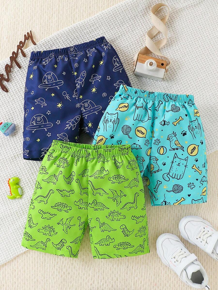 3pcs/Set Young Boy Casual Allover Print Rocket, Dinosaur, Animal Pattern Mix & Match Shorts, Suitable For Summer, Outdoor, Sports, School, Daily Life, Holiday, Travel