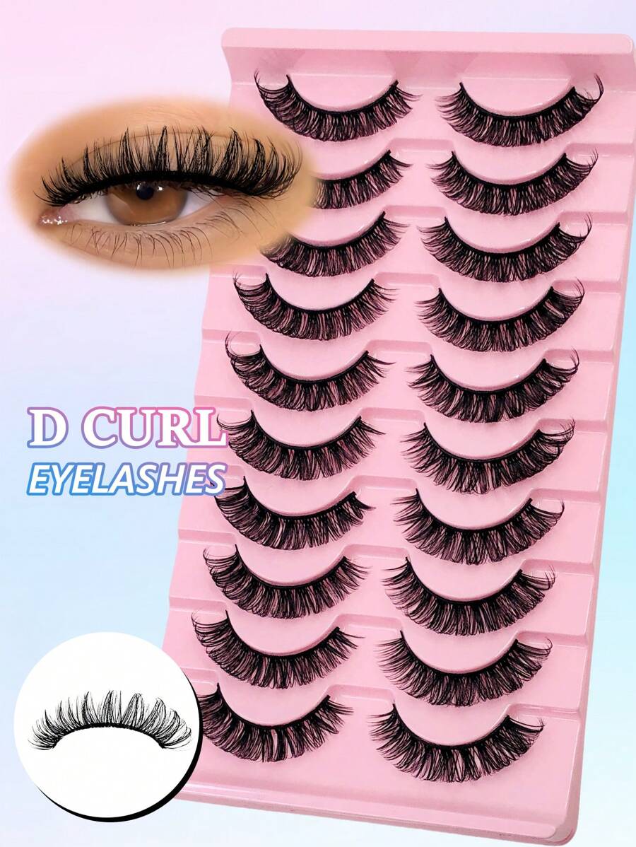 10 Pairs D Curl Russian Strip False Eyelashes Natural Look Fluffy Faux Mink Lashes Volume Wispy Long Foxy Eye Lifting Look Fake Eyelashes