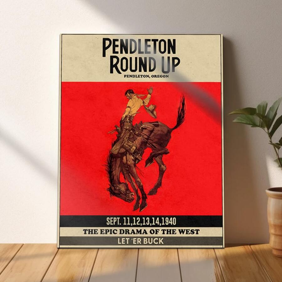 1 Pc Framed Vintage Wall Art Canvas Decor Vintage Rodeo Glory Framed Pendleton Rodeo Cowboy Poster - Classic Cowboy Wall Art And Red Western Decor Prints Retro Wall Art For Bathroom Living Room Bedroom