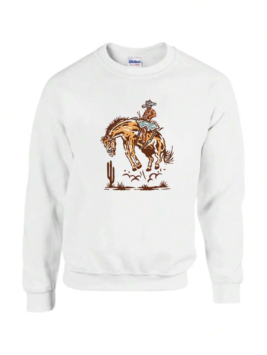 Cowboy Horse Riding Print Men's Pullover Round Neck Long Sleeve Sweatshirt, Polyester, Cotton, Loose Simple Casual Fashion Street Style Tops, Autumn And Winter Outdoor Sports Casual Tops, Men's Clothing As Gifts