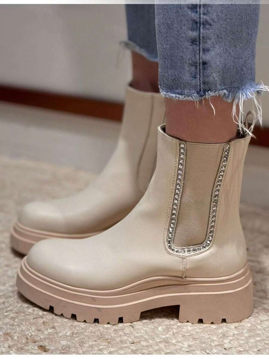 SERGIO TODZI Women's Mid-Calf Boots With Rhinestone, Chunky Heel, Round Toe, Side Zipper