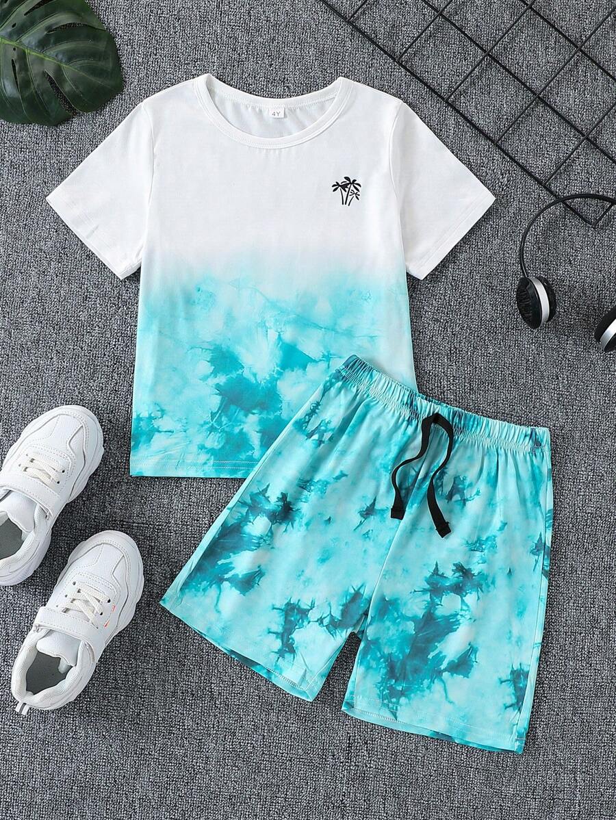 Set de 2 piezas para niño pequeño: Camiseta de cuello redondo de manga corta con estampado de palmeras y pantalones cortos tie-dye, adecuados para verano, deportes, ocio, uso diario, exteriores, escuela