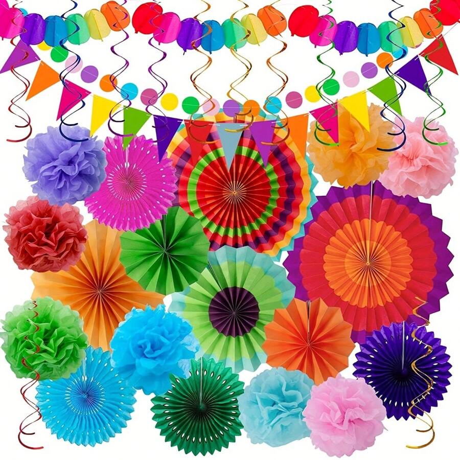 33 pièces, décorations de fête de carnaval, éventails en papier, boules moelleuses, drapeaux triangulaires colorés, banderoles, fournitures de fête mexicaine