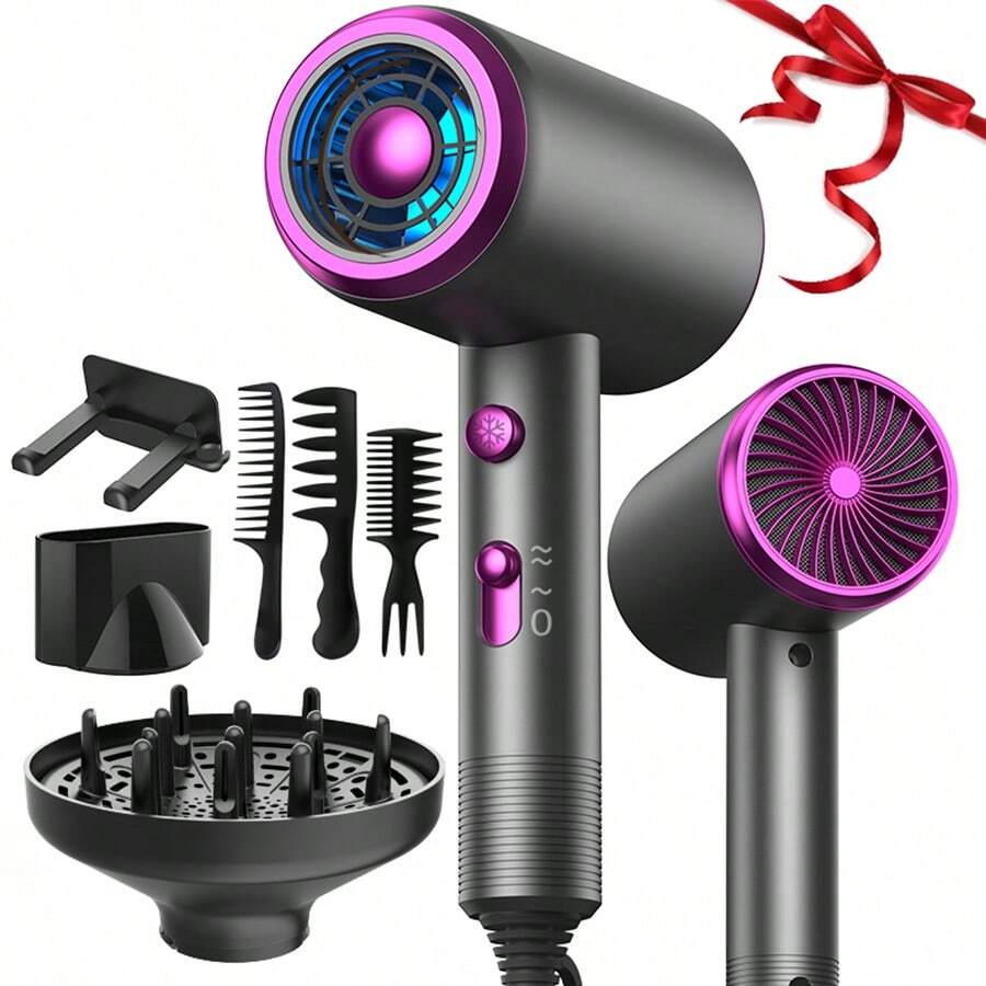 Secador de cabelo de alta potência para salão de beleza com alternância de um botão entre ventos quentes e frios, temperatura ajustável de 2 marchas, equipado com dois bicos de tamanhos diferentes, adequado para uso doméstico e profissional em salão de beleza. Secador de cabelo com proteção contra superaquecimento, secagem e modelagem rápidas profissionais, vários modos de temperatura, cuidando bem da saúde do cabelo, secagem rápida