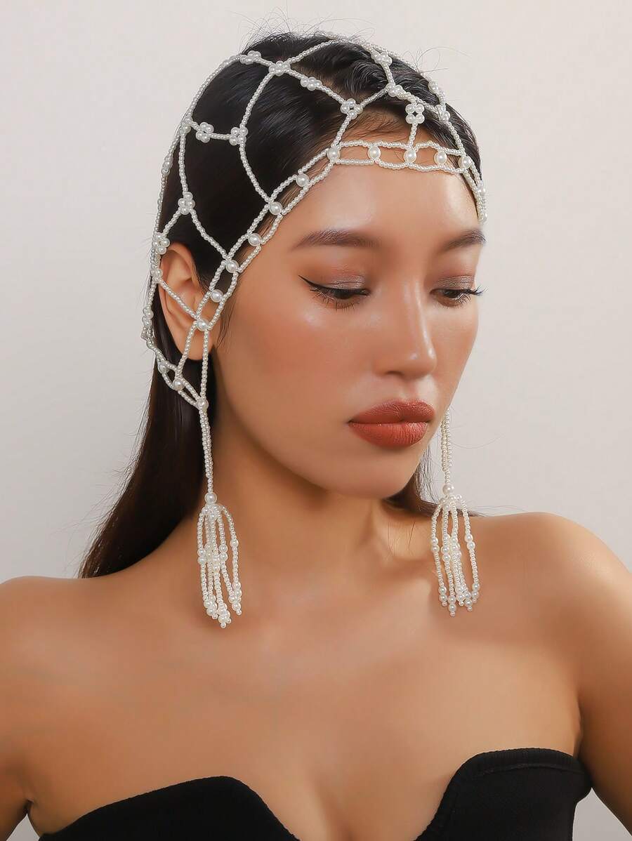 1pc Elegant Luxury Handmade Multi-Layer (Faux) Pearl White Woven Pearl Hair Accessory Chain, Fashion For Wedding Party, Banquet, Runway Show, Ladies Jewelry Accessory