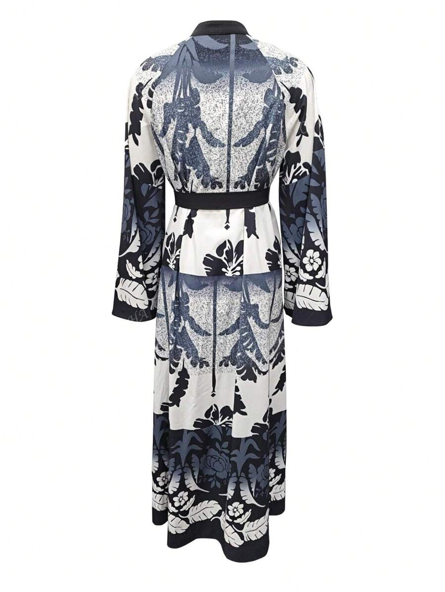 Front Button Closure Long Sleeve Tie-Front Ombre Floral Printed Casual Abaya Dress,Vacation Outfit,Boho Outfit,Bohemian