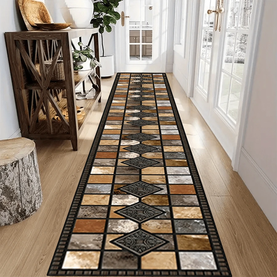 1 pezzo Tappeto passatoia non scivoloso con motivo patchwork a quadrati, bordo grigio e nero e tre diamanti al centro, lavabile in lavatrice, tappeto per ingresso, soggiorno, camera da letto, patio esterno, giardino, decorazione per la casa e la stanza, tappeto, arazzo