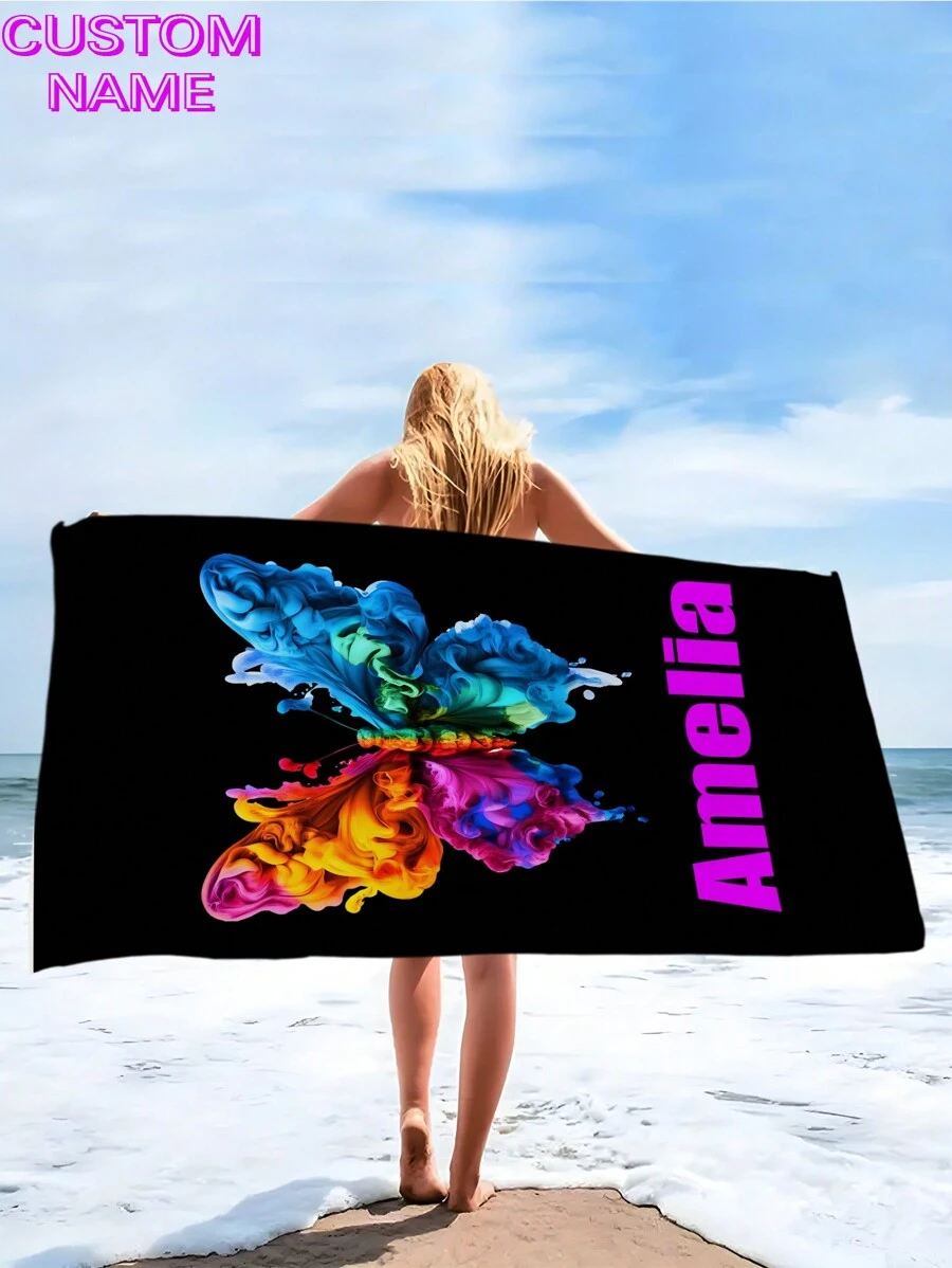 1pc Personalized Beach Towel, Quick-Dry Swimming Towel, Comfortable Beach Towel, Fashionable Pool Towel, Customized Name, Butterfly, Cute, Fun, Beautiful Yoga Mat, Beach Accessories, Essential Mother's Day, Birthday, Ren's Day, Father's Day, Graduation, Wedding, Housewarming Gift, Bathroom, Living Room, Bedroom, Home Summer Holiday Bathroom DecorTravel Essentials Travel Accessories Beach Essentials