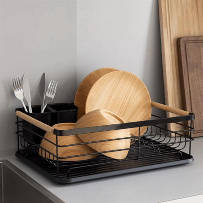 Dish Drainer Rack Kitchen Sink Washing Plates Draining Board Cutlery Holder Cup(Black)