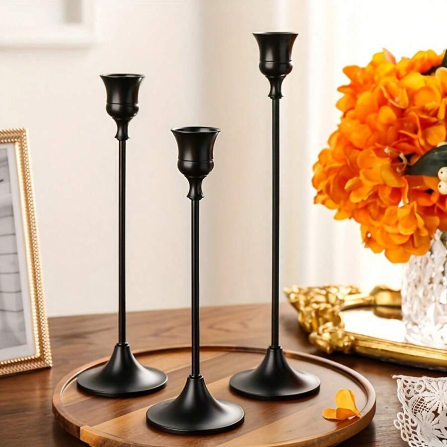 3 pièces Lot de porte-bougies noirs - style conique, vintage, pour cheminée, table, décoration de mariage
