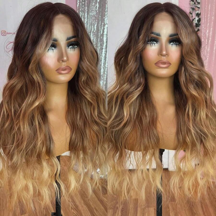 13x4x1 Synthetic Lace Front Wig Pre Plucked Highlight Ombre Honey Blonde Wigs For Women Ready To Wear HD Glueless Natural Wavy Wig For Women Long 26 Inch Middle Part Wig