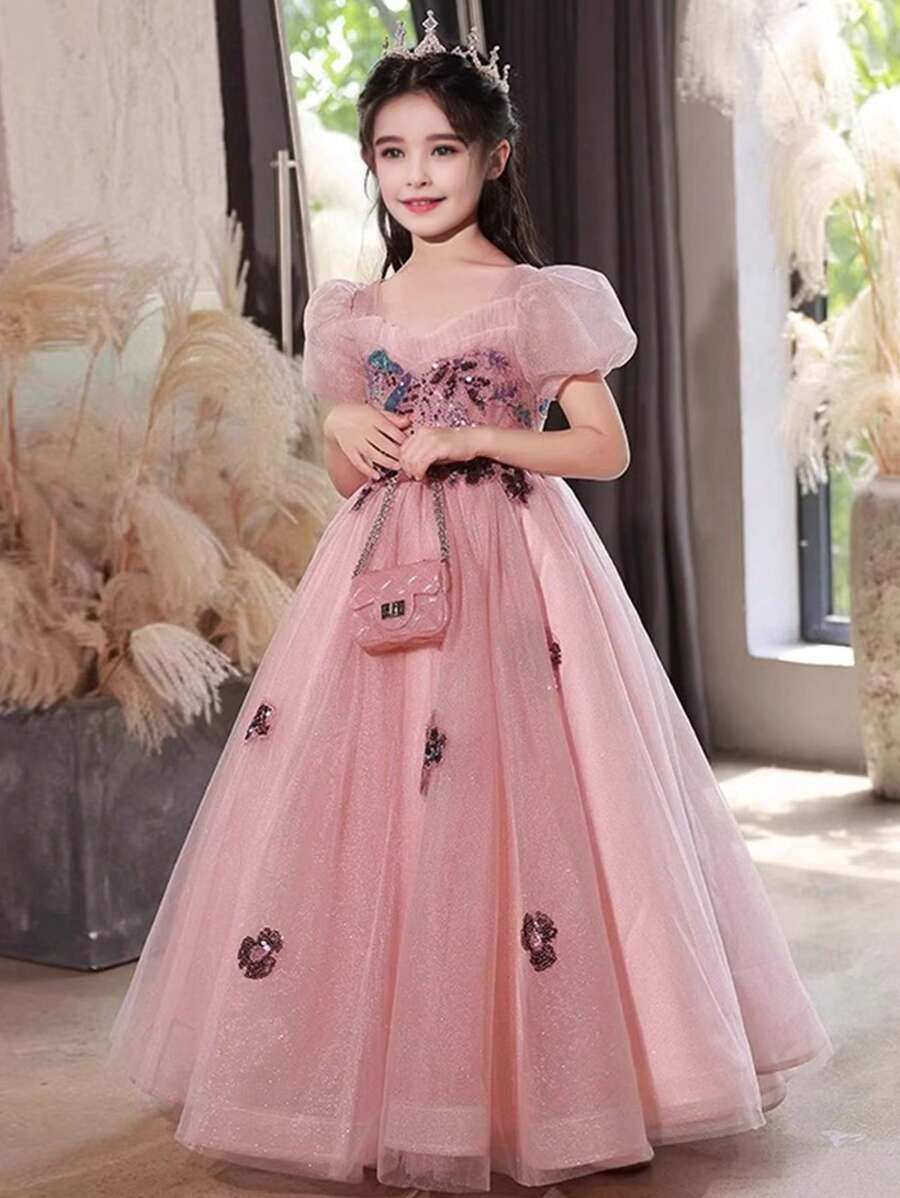 Robe de princesse pailletée pour préadolescente, robe de demoiselle d'honneur de mariage de haute qualité, costume de représentation de piano, pour anniversaire. La jupe est très délicate et brillante, particulièrement mignonne et belle à porter, convient pour l'intérieur et l'extérieur.