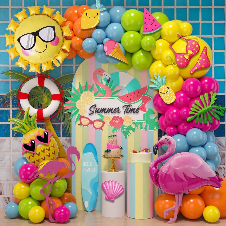 124pcs Hawaii Themed Large Foil Balloons Set, Pineapple & Flamingo Outdoor Party Balloon Arch, Birthday, Valentine's Day Supplies