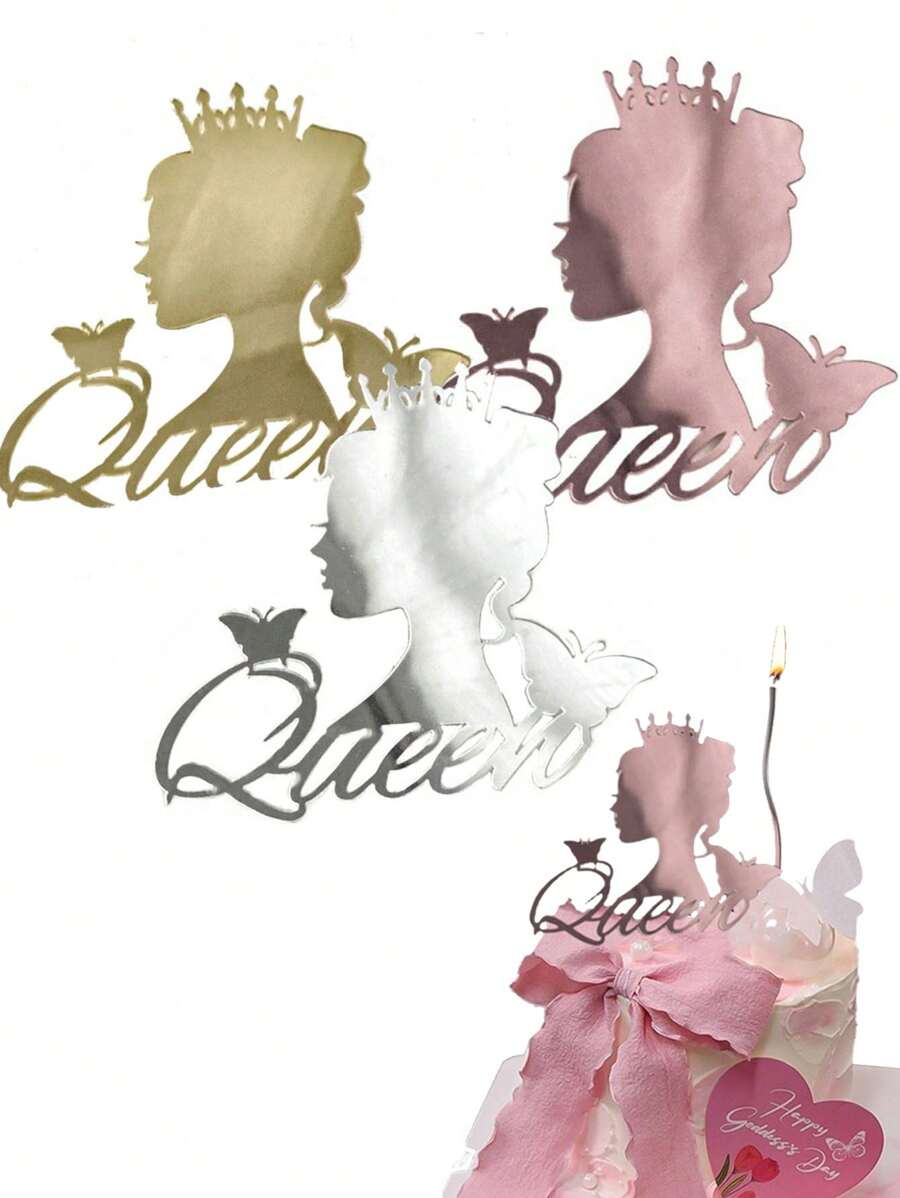 3pcs Birthday Queen Cake Toppers Mirror Acrylic Happy Birthday Cake Topper Side Cake Decorations Cake Inserts Supplies Toppers For Women Queen Birthday Mother's Day Cake Decoration Party Supplies.