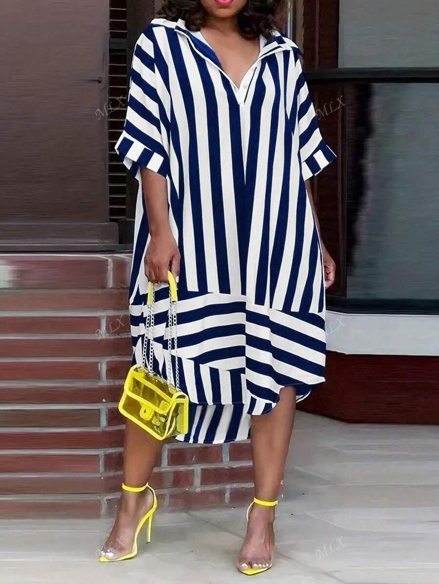 Vestido casual suelto de mujer con estampado de rayas, cuello de camisa y mangas cortas, camisetas elegantes estilo bohemio