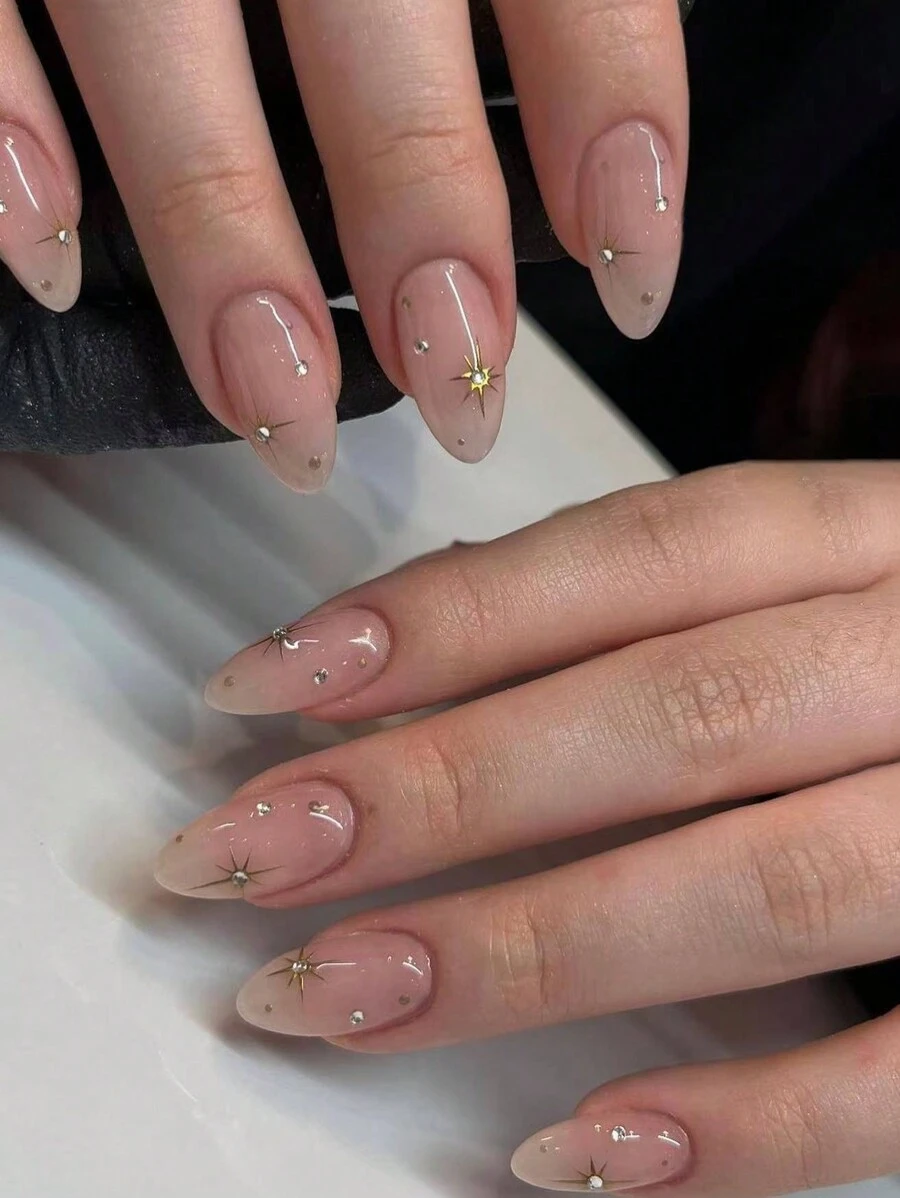 24pcs Y2K Style Long Almond Stars With Rhinestones Design Tip Press On Nails Perfect Fit Acrylic Fake Nails Set , Contain 1pc Jelly Glue And 1pc Nail File, Almond Nails For For Woman & Girl Daily Wear Rave Party Use