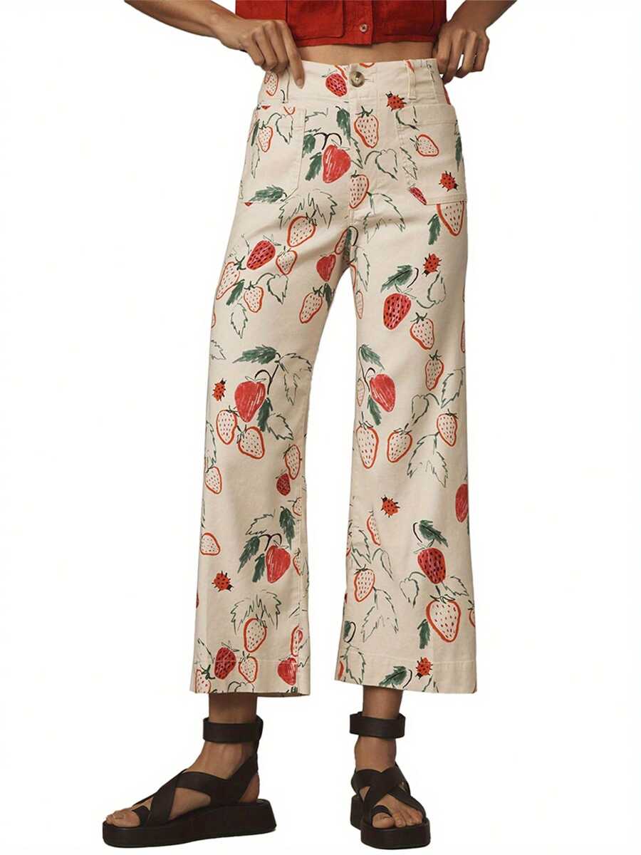 Women Wide Leg Denim Pants Casual Loose Fruit Print Crop Capri Jeans Trousers For Work Office Streetwear