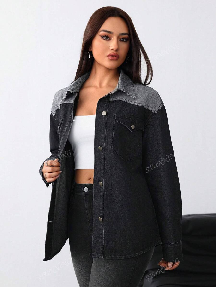Giacca casual in jeans nero e patchwork da donna